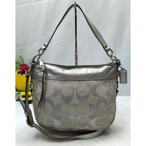 Coach Zoe Signature Gray Canvas Leather Trim Zipper Closure Crossbody Bag